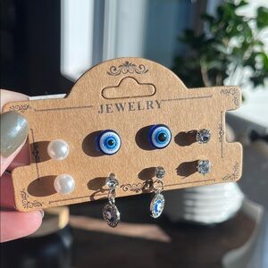 Blue Evil Eye and Pearl Kids Earrings Set